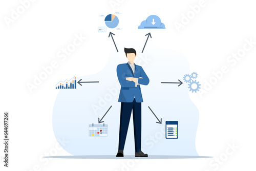 Concept of business data analysis, management tools, intelligence, corporate strategy development, data-driven decision making. flat vector illustration on white background.