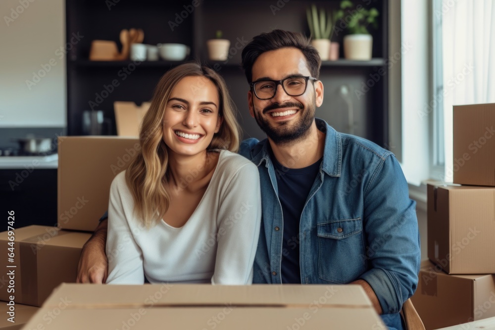 Couple unboxes possessions in their first home ownership. Generative AI. Couple unboxes possessions in their first home ownership. Generative AI.