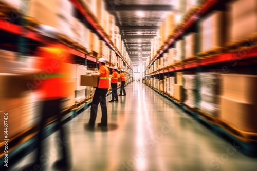 Blurred image of warehouse employees in action, moving shipping boxes efficiently. Generative AI.
