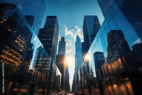 Photograph of urban corporate skyscrapers shot from below towards a blue sky. Generative AI. © Dusit