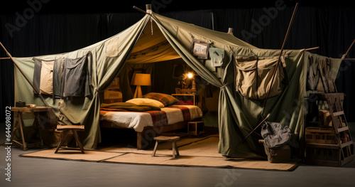 A modular medical survival tent, apocalyptical tent imagery. Post apocalyptical game concept art.