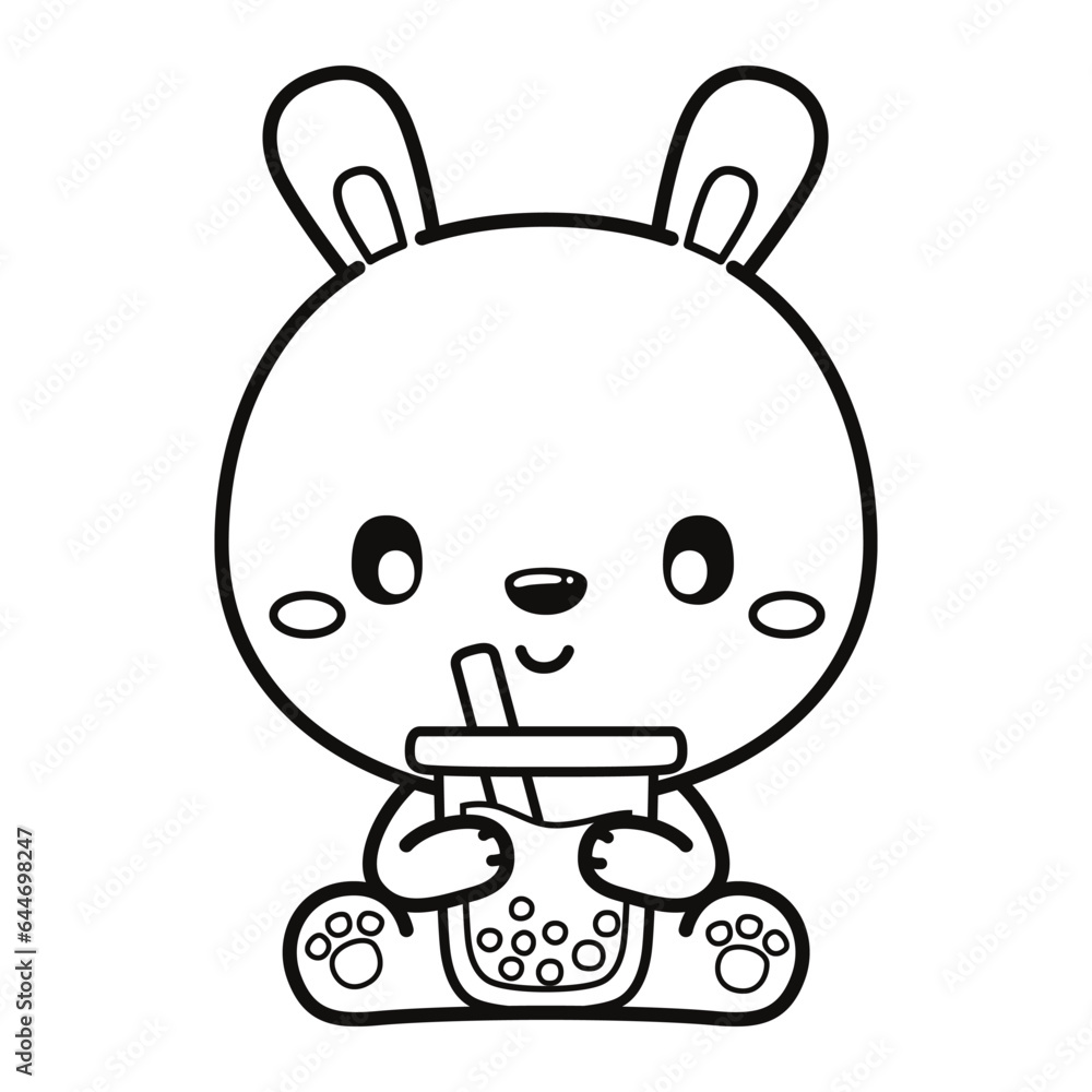 Kwaii Rebbit, Cute Animal. Black and white vector illustration for coloring book