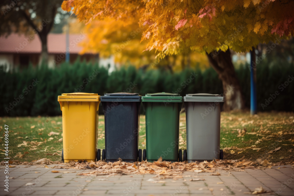 Four colored recycling bins in the yard, autumn Four colored recycling bins in the yard, autumn