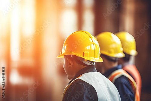 Back view of three workers wearing safety helmets