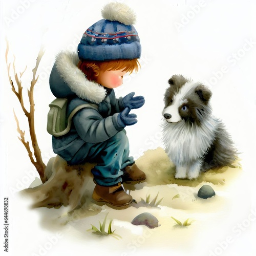 Watercolor illustration of a young child talking to their  dog for children's book, greeting cards photo