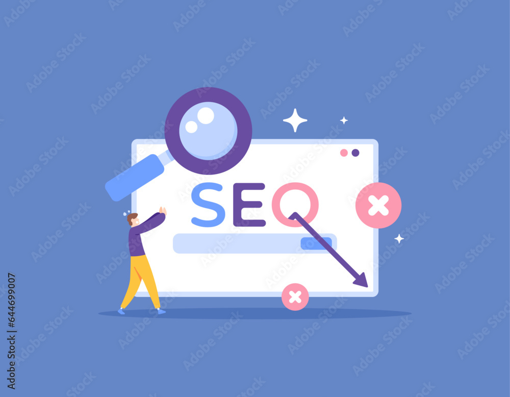 Fototapeta premium SEO ranking dropped drastically. seo strategy failed. method not working. decrease in website traffic. Search Engine Optimization or SEO. flat illustration design concept. vector elements