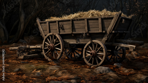 Old wooden wagon is on the dirt. Medieval fantasy game wagon cart concept. 