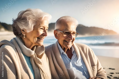 Senior couple married man and woman on a beach digital painting