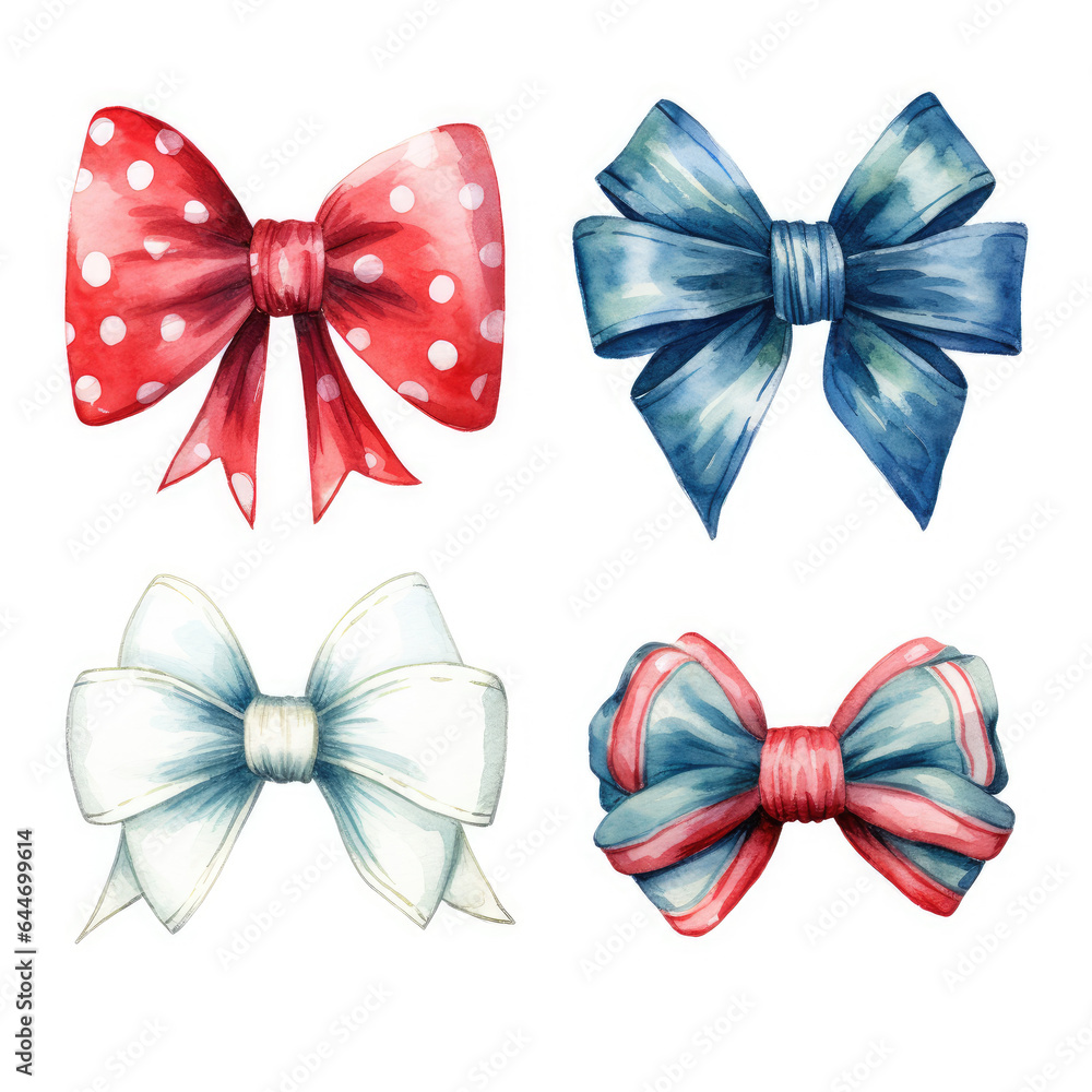 Set of gift bow in watercolor style isolated on white background. Hand drawing decorative bow elements vector illustration