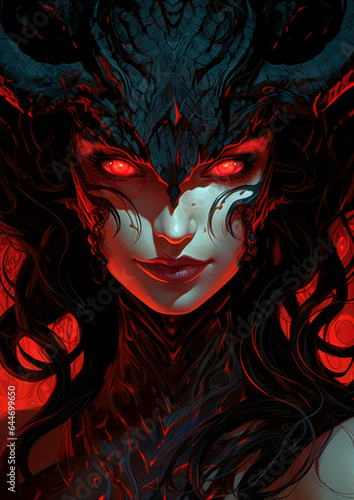 Illustration of a devil woman in dark bronze and crimson colors  detailed character illustration  female snark demon  in the style of digital painting.