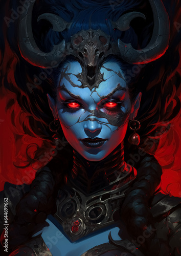 Illustration of a devil woman in dark bronze and crimson colors, detailed character illustration, female snark demon, in the style of digital painting. photo