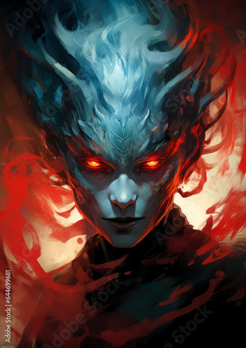 Illustration of a devil woman in dark bronze and crimson colors, detailed character illustration, female snark demon, in the style of digital painting.