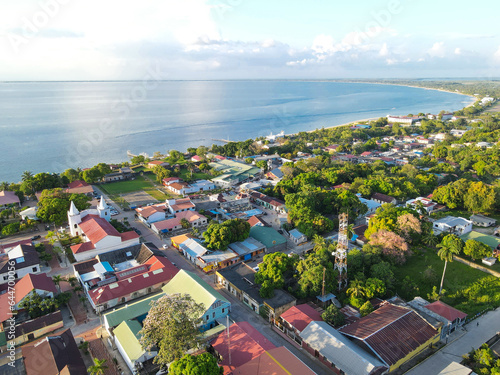 Aerial view over city of Trujillo in Honduras, the place where Cristopher Columbus touched continental land for the first time in history