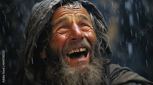 Creative portrait of an elderly smiling man who enjoys the rain