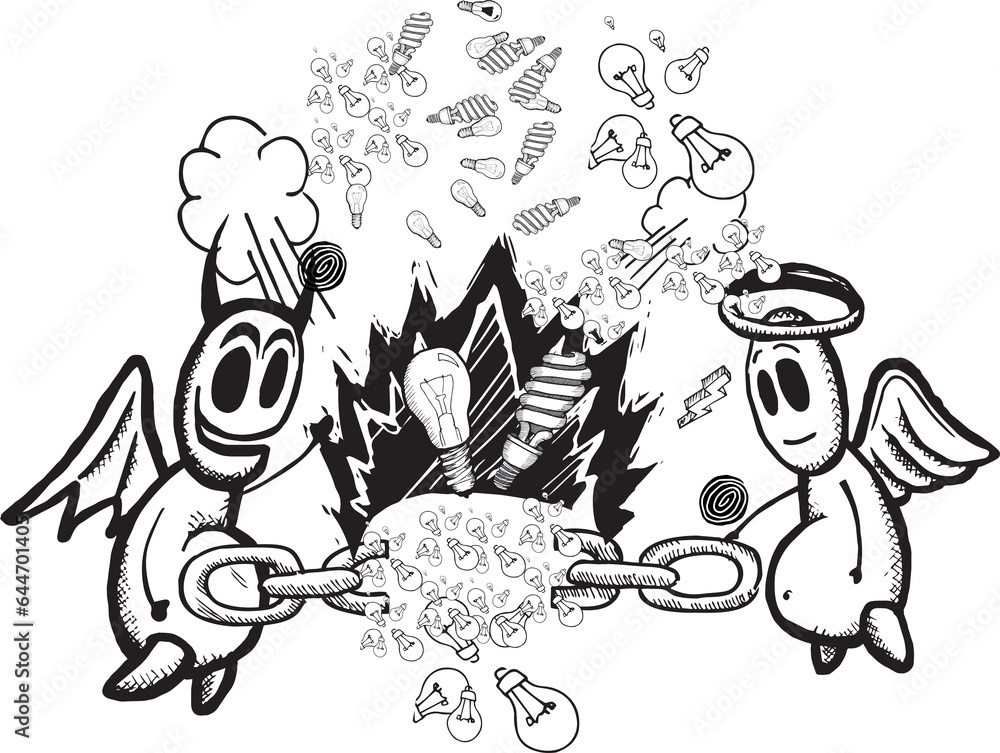 Digital png illustration of angel and devil pulling chain