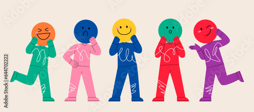 Playful people holding large circles with faces instead of heads. Big round colorful heads with various Emotions. Different mood concept. Every person is isolated. Colorful vector illustration