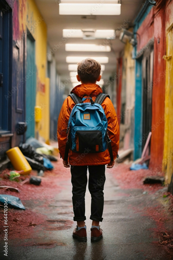 AI generative image of a student boy standing in messy corridors in the school building, back view of the boy, fantasy messy corridor, vertical image.