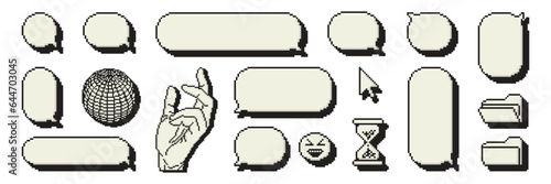 Pixel art dialogue box old computer aesthetics. Speech bubbles in the mood of 90's game. Vector 8-bit retro style illustration for card, social media, banner, stickers.
