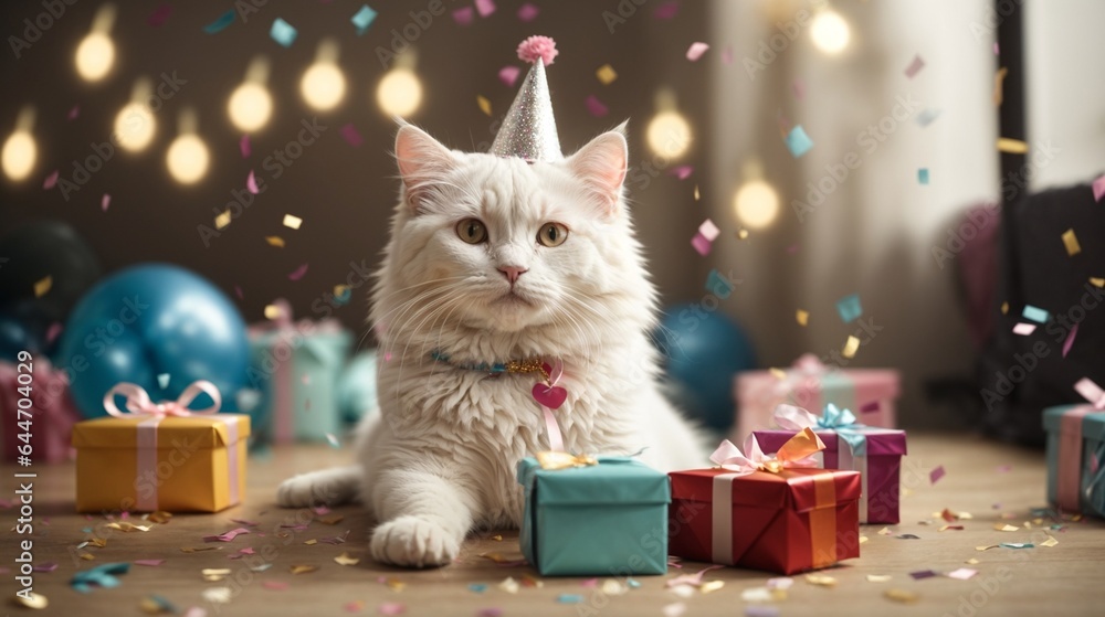 Cute cat with birthday cake and gift box on table at home