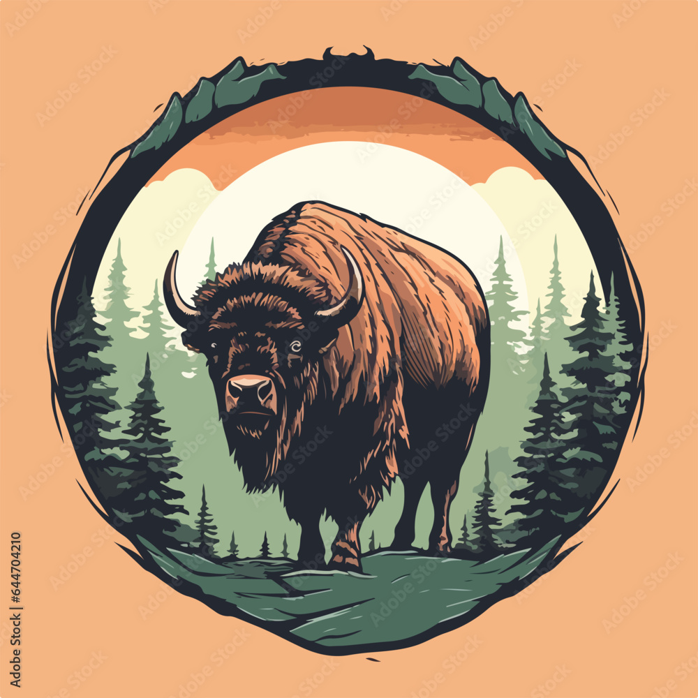 Vintage retro hand drawn style Vector logo badge of big horn bison bull ...