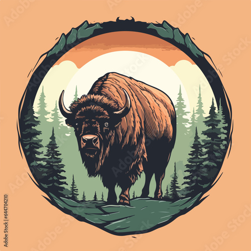 Vintage retro hand drawn style Vector logo badge of big horn bison bull buffalo. pine tree evergreen forest wild scene landscape. flat color. The color palette pastel solid color, isolated background