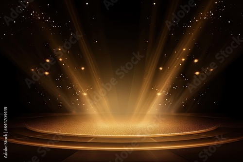 Illustration Center gold stage. spotlight on dazzling show. Dramatic illumination. Event spotlighting in night. Entertainment extravaganza. Bright lights at theater