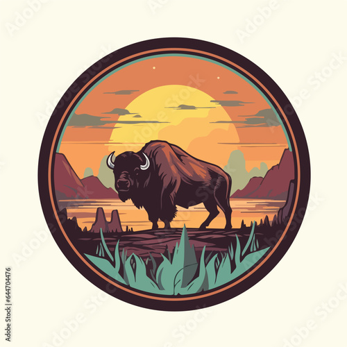 Vintage retro hand drawn style Vector logo badge of big horn bison bull buffalo. pine tree evergreen forest wild scene landscape. flat color. The color palette pastel solid color, isolated background