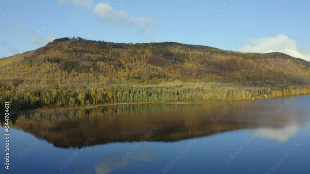 A moving aerial drone shot of Seymour Lake in the Smithers area in northern BC during the autumn months. A moving aerial drone shot of Seymour Lake in the Smithers area in northern BC during the autumn months.