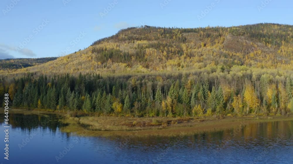 A moving aerial drone shot of Seymour Lake approaching the shore line in the Smithers area in northern BC during the autumn months. A moving aerial drone shot of Seymour Lake approaching the shore line in the Smithers area in northern BC during the autumn months.