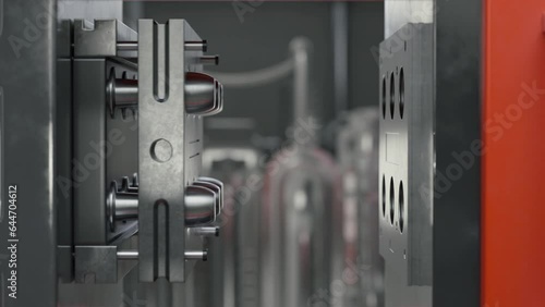 Plastic Injection Molding By Industrial Automated Machine Of Manufacturing Factory. Molding Machine With Automated Mechanism Releases Processed Caps. Mass Production. Batch Finishing