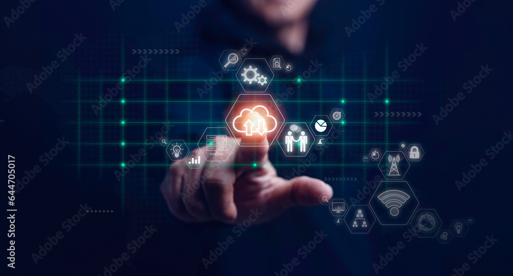 Smart business IOT, internet of things concept. Businessman touching IOT icon on virtual screen, connected internet network to access AI intelligence, business analytics, internet investing.technology Smart business IOT, internet of things concept. Businessman touching IOT icon on virtual screen, connected internet network to access AI intelligence, business analytics, internet investing.technology