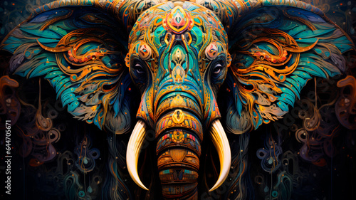 An intricately detailed portrait of an elephant, in vivid colors and unique authorial style. Generative AI © Yuriy Maslov