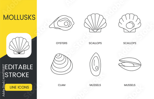 Mollusks set line icons in vector, seafood editable stroke. Mussels and clam, scallops and oysters.