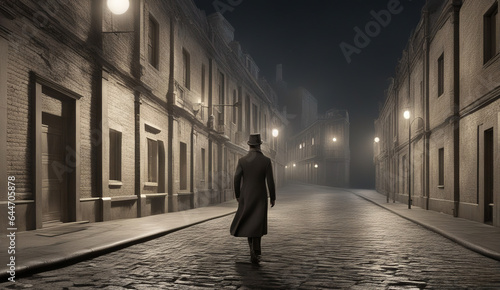 Mysterious silhouette of a man walking in an old street at night