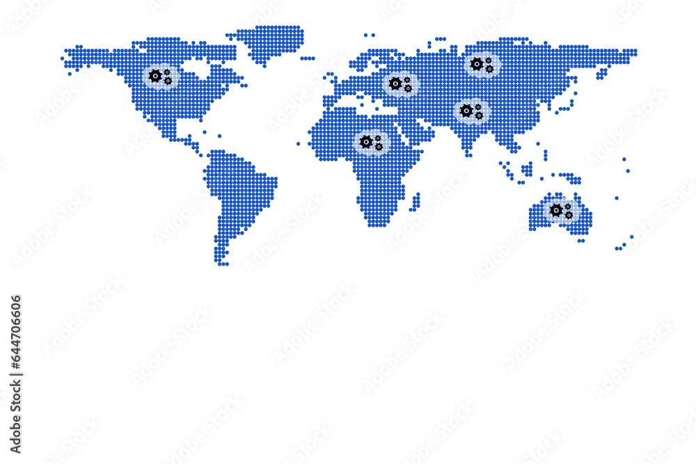 Fototapeta premium Digital png illustration of map of world with cogs on transparent background