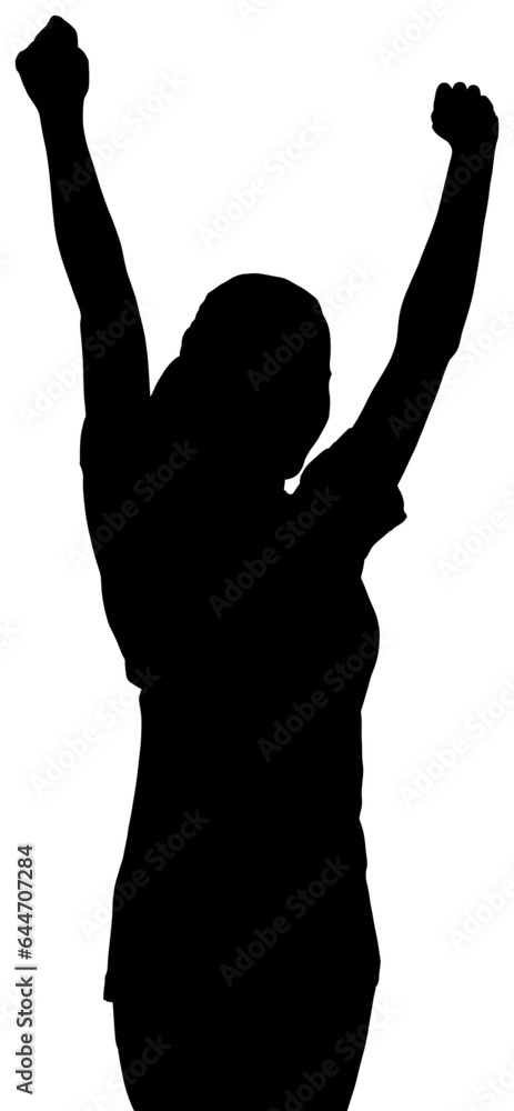 Digital png illustration of silhouette of woman cheering on transparent background