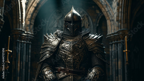 A knight with armor in a dungeon, the plot of historical accounts. Generative AI