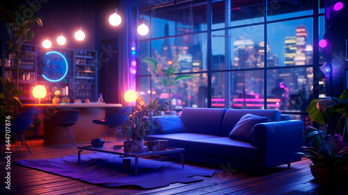 living room, neon cozy atmosphere, modern cyber punk style. Generative AI