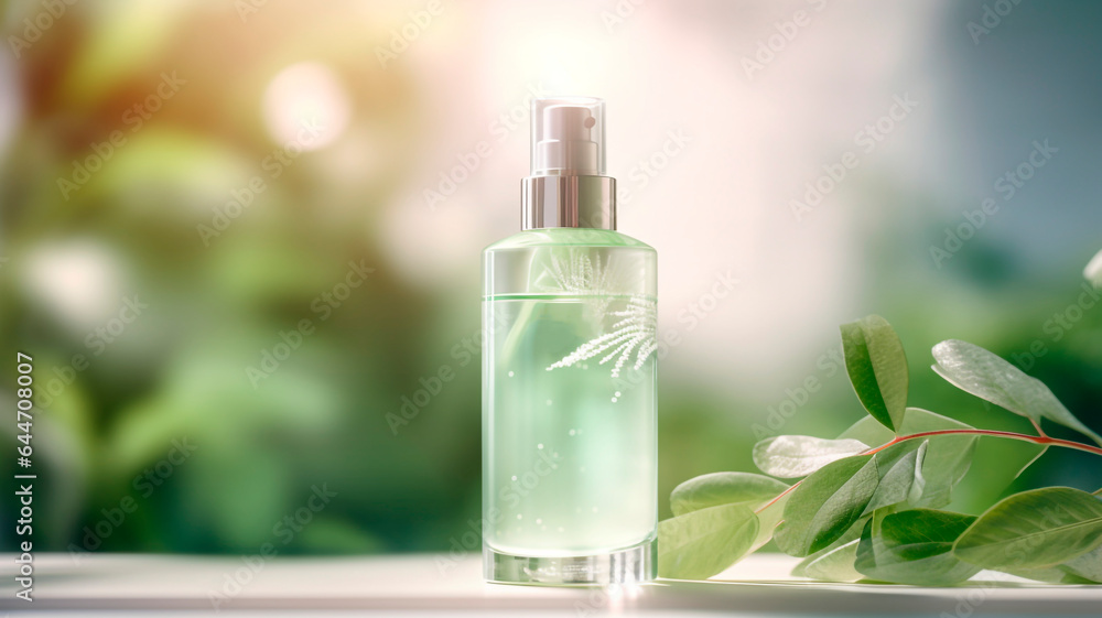A light green background featuring frosted glass bottle designs for a skincare set. Generative AI A light green background featuring frosted glass bottle designs for a skincare set. Generative AI