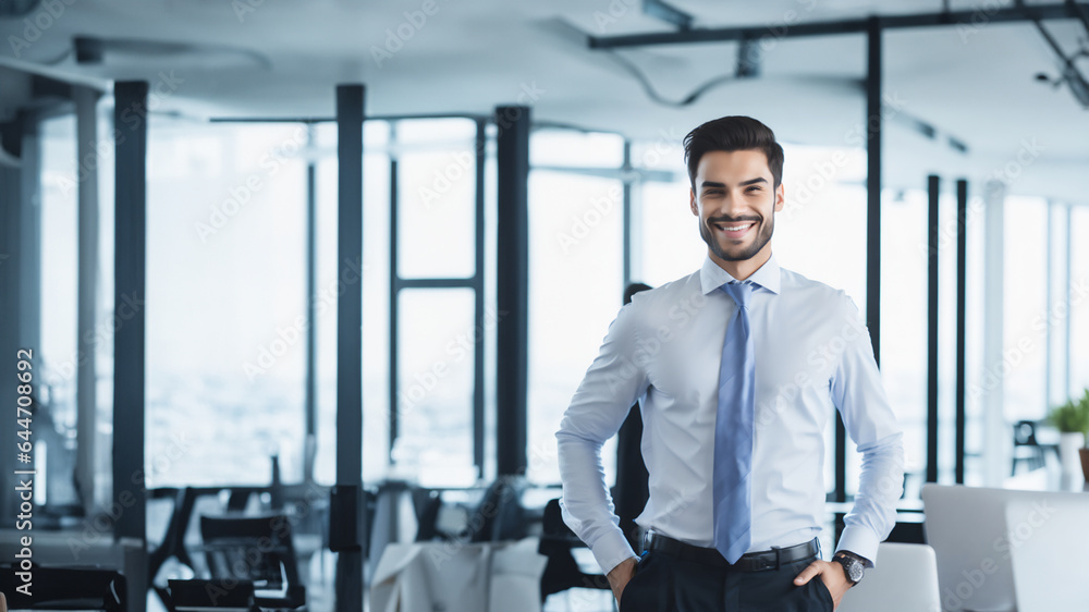 Happy confident mature business man standing in office hall, portrait. Smiling youngr corporate manager, successful professional executive investor looking at camera Happy confident mature business man standing in office hall, portrait. Smiling youngr corporate manager, successful professional executive investor looking at camera