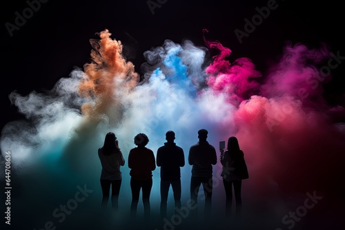 silhouette of a group of people in a colored cloud
