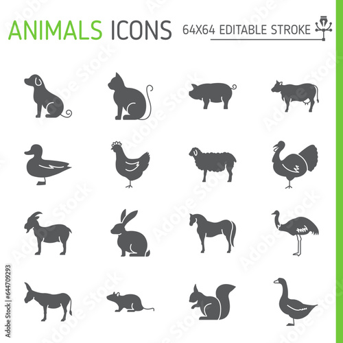 Animals solid icon set, livestock vector collection, logo illustrations, zoo animal vector icons, glyph style pictogram pack, editable stroke icons.