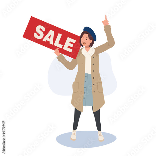 Seasonal Shopping Spree. Autumn Sale. Full-Length Stylish Woman Holding Sale Sign with Shopping Bags. Happy Shopper with Autumn Discounts