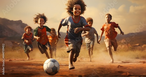 Kids playing football Generative AI © Mona