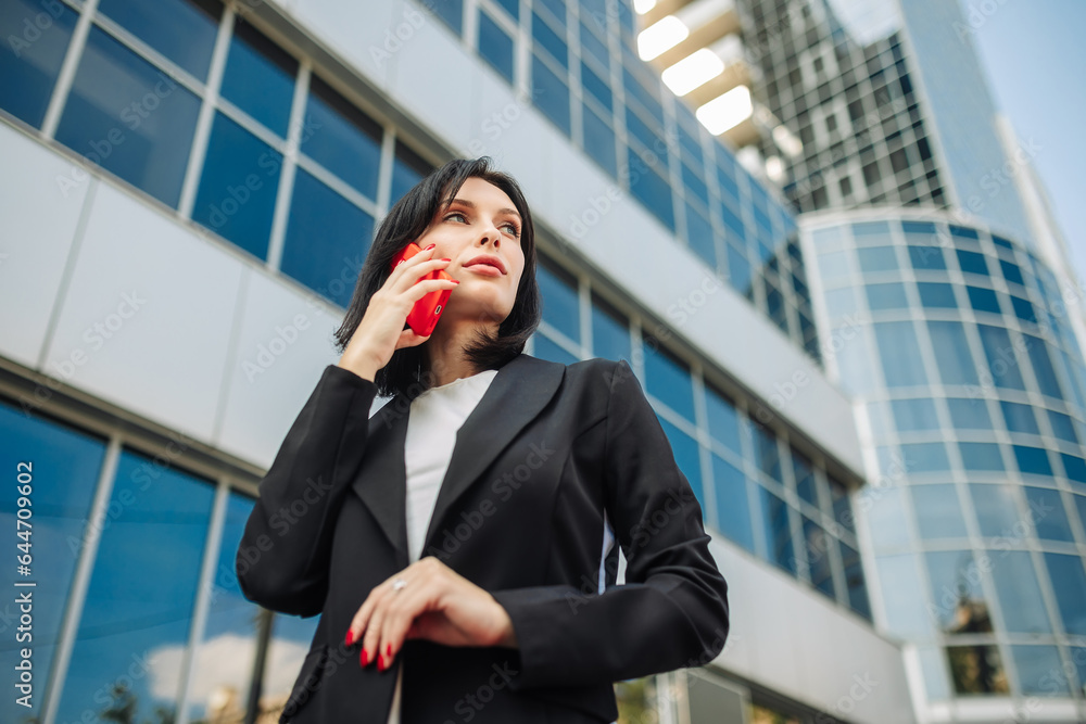 Successful elegant young business woman in a suit standing in a big city and talking on a mobile phone, against the sky of city buildings Successful elegant young business woman in a suit standing in a big city and talking on a mobile phone, against the sky of city buildings