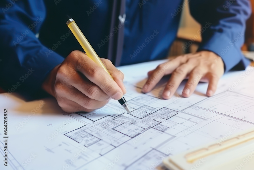 Engineer drawing plan on blueprint. Collaborative professionalism in an architectural office for precision building projects, where skilled experts unite to craft detailed and innovative designs Engineer drawing plan on blueprint. Collaborative professionalism in an architectural office for precision building projects, where skilled experts unite to craft detailed and innovative designs