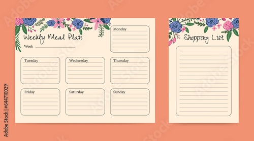 meal planner and shopping list template with floral illustration