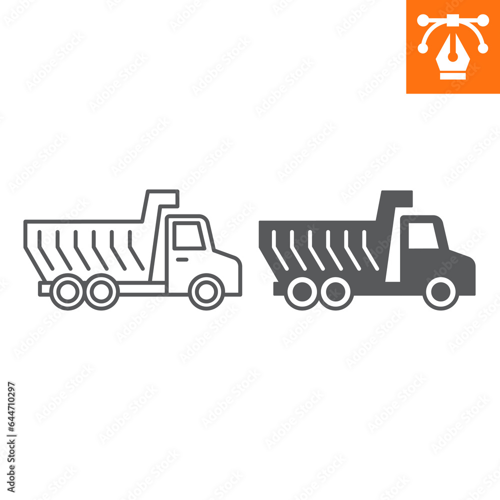 Dump truck line and solid icon, outline style icon for web site or mobile app, construction and building, dumper vector icon, simple vector illustration, vector graphics with editable strokes.