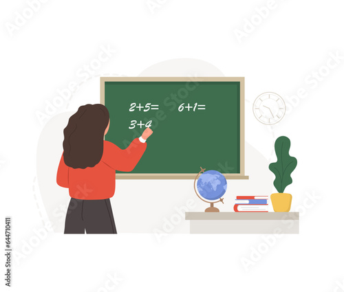 Female teacher in classroom. Pedagogue writes on chalkboard. School and college concept. Vector illustration in flat cartoon style.