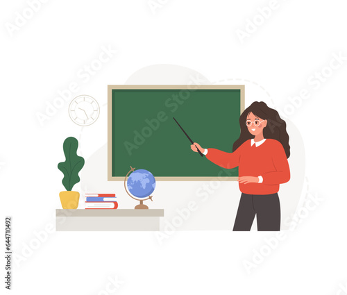 Female teacher in classroom. Pedagogue with pointer at chalkboard. School and college concept. Vector illustration in flat cartoon style.